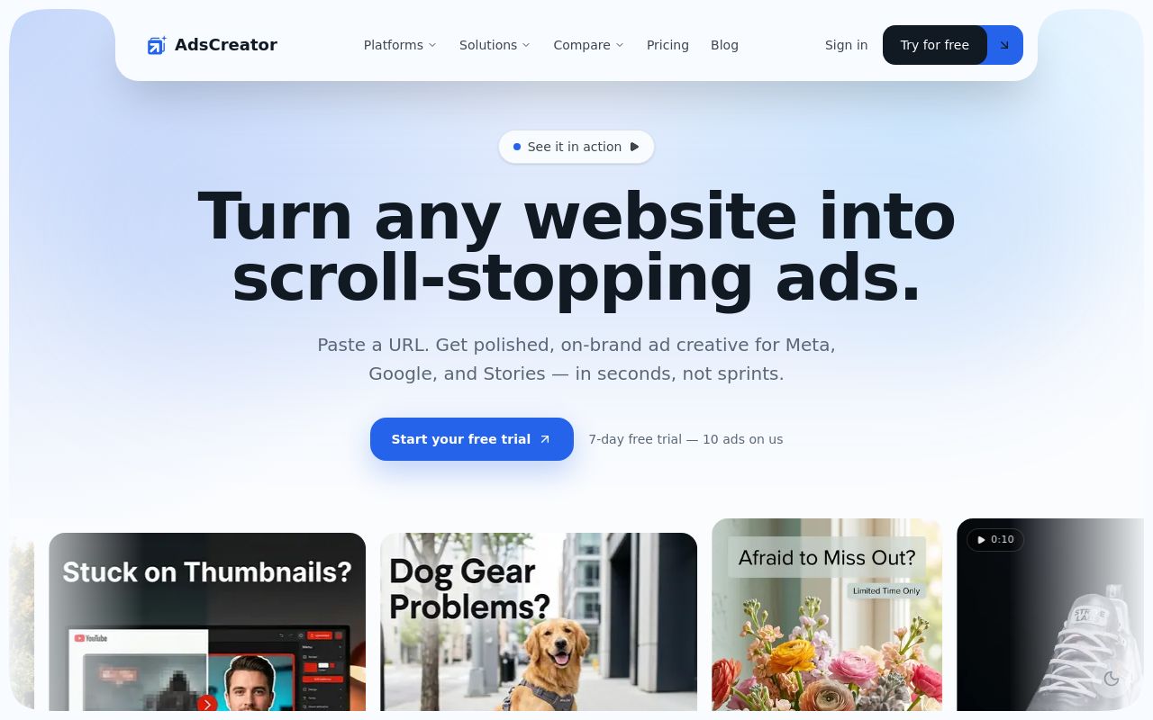 Screenshot of the AdsCreator homepage