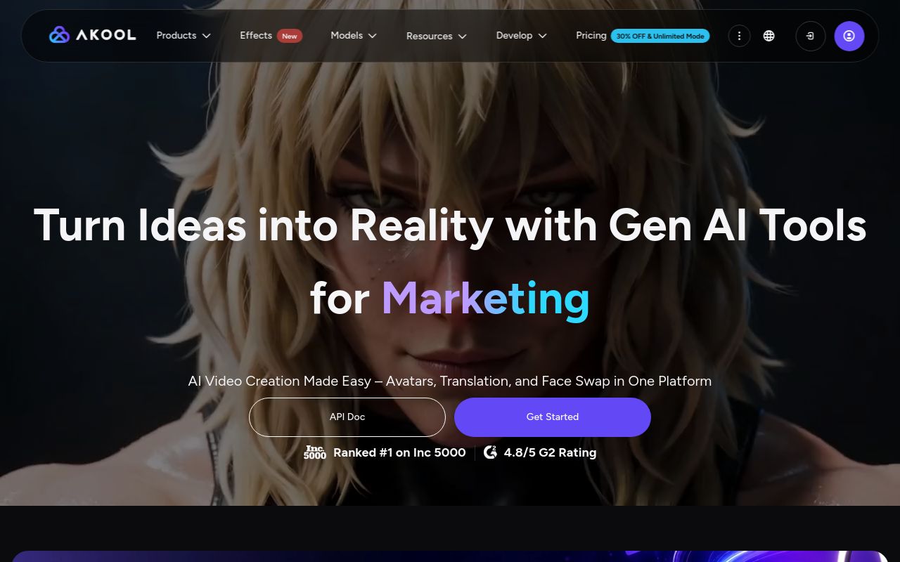 Screenshot of the Akool homepage