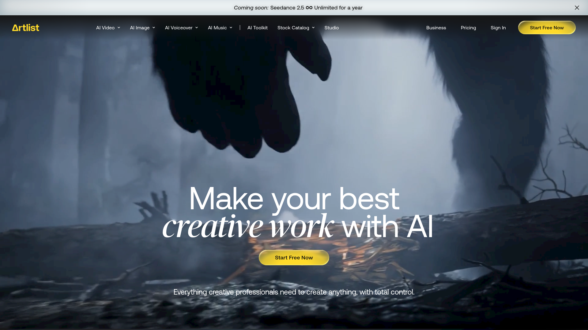 Screenshot of the Artlist homepage
