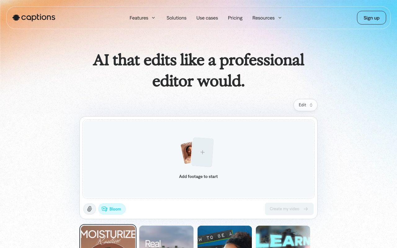 Screenshot of the Captions homepage