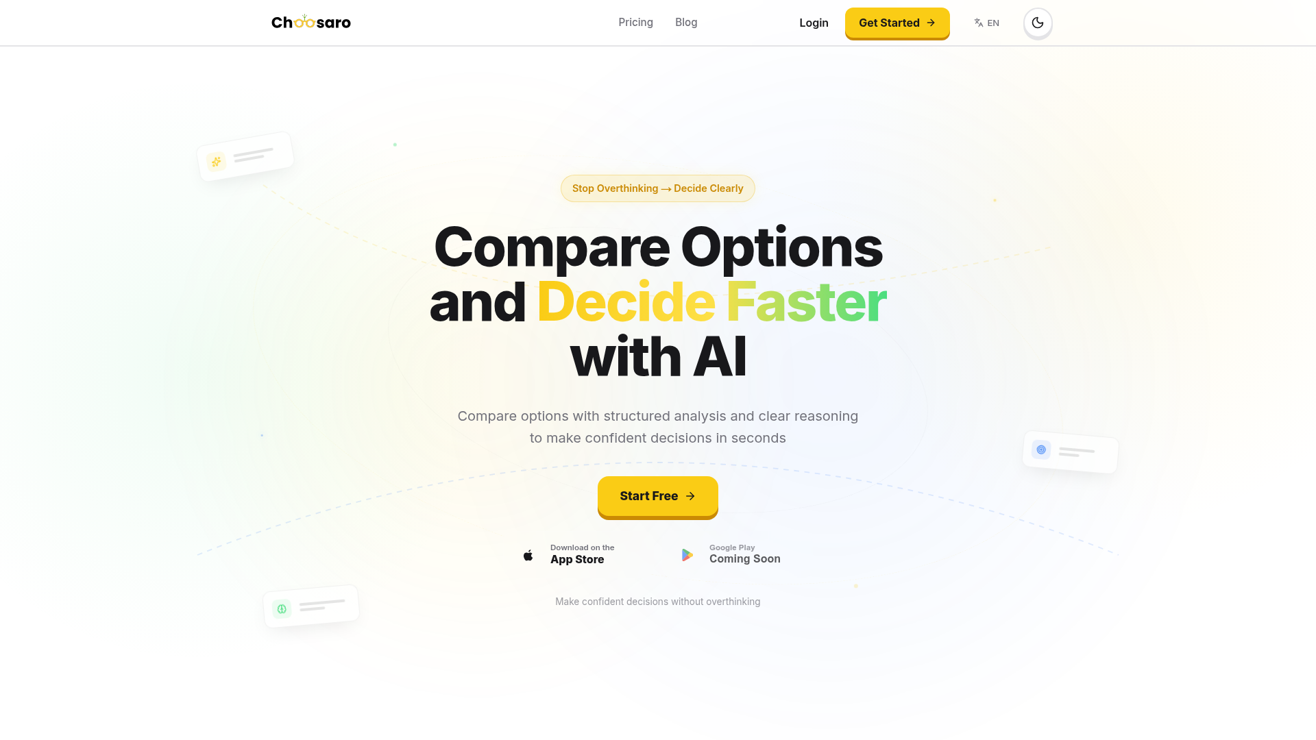 Screenshot of the Choosaro homepage