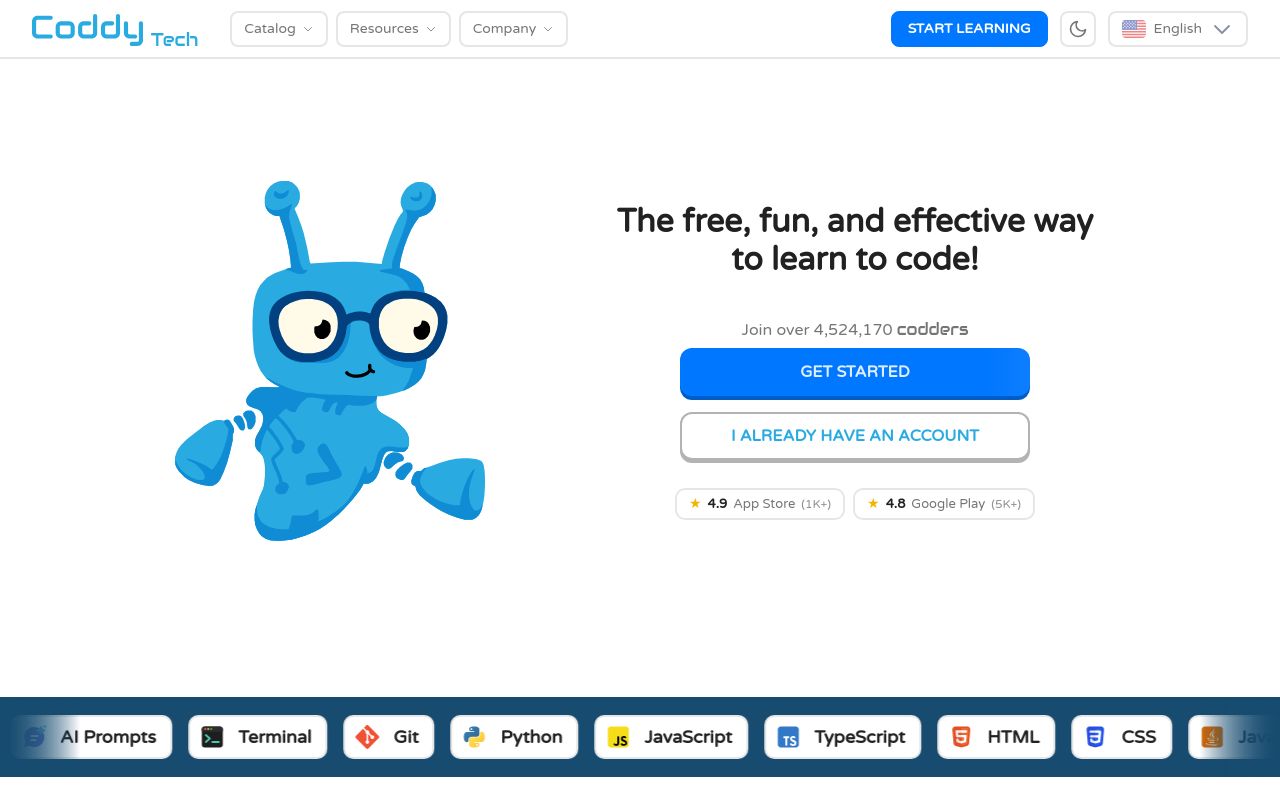 Screenshot of the Coddy homepage