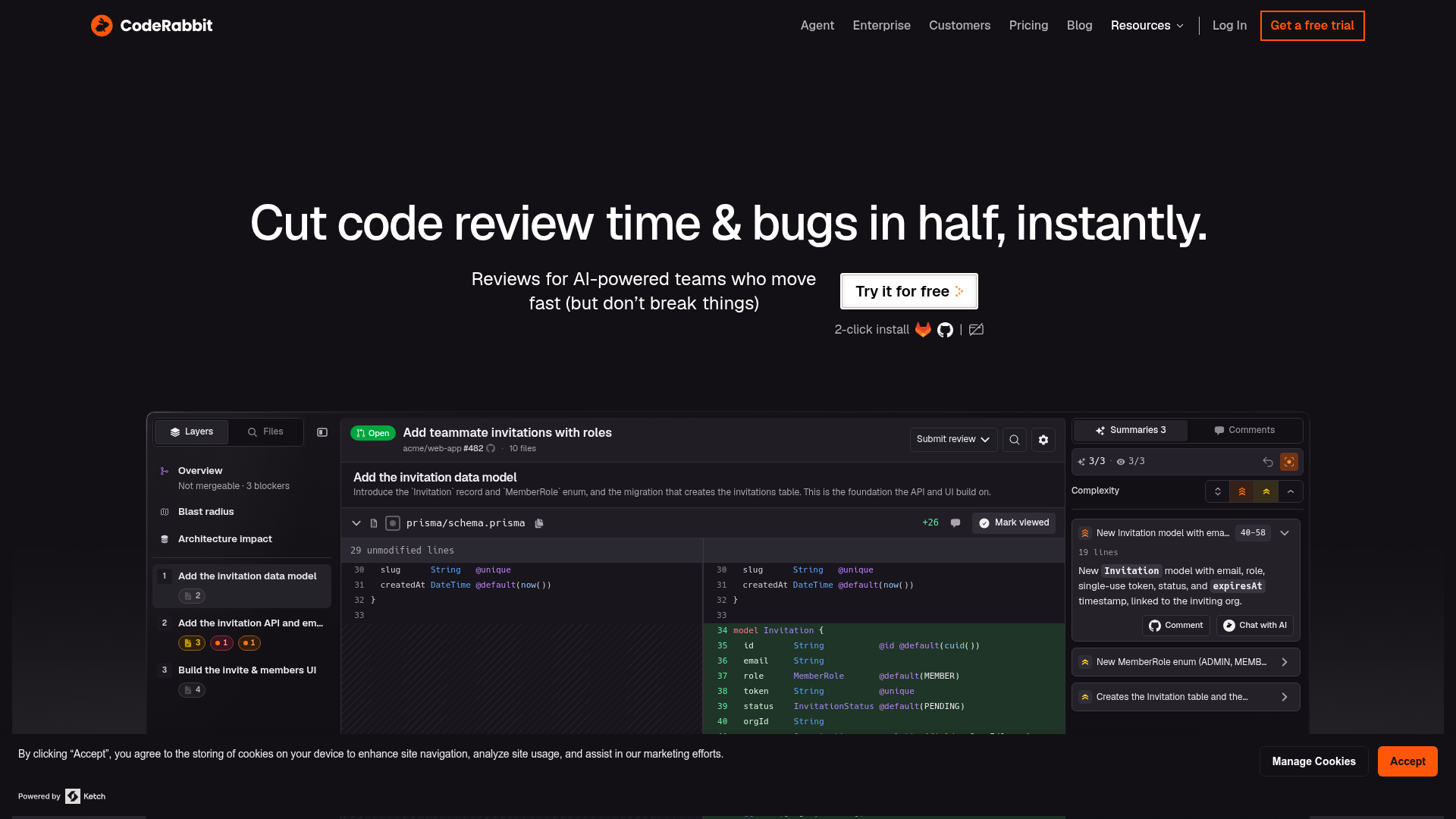 Screenshot of the CodeRabbit homepage