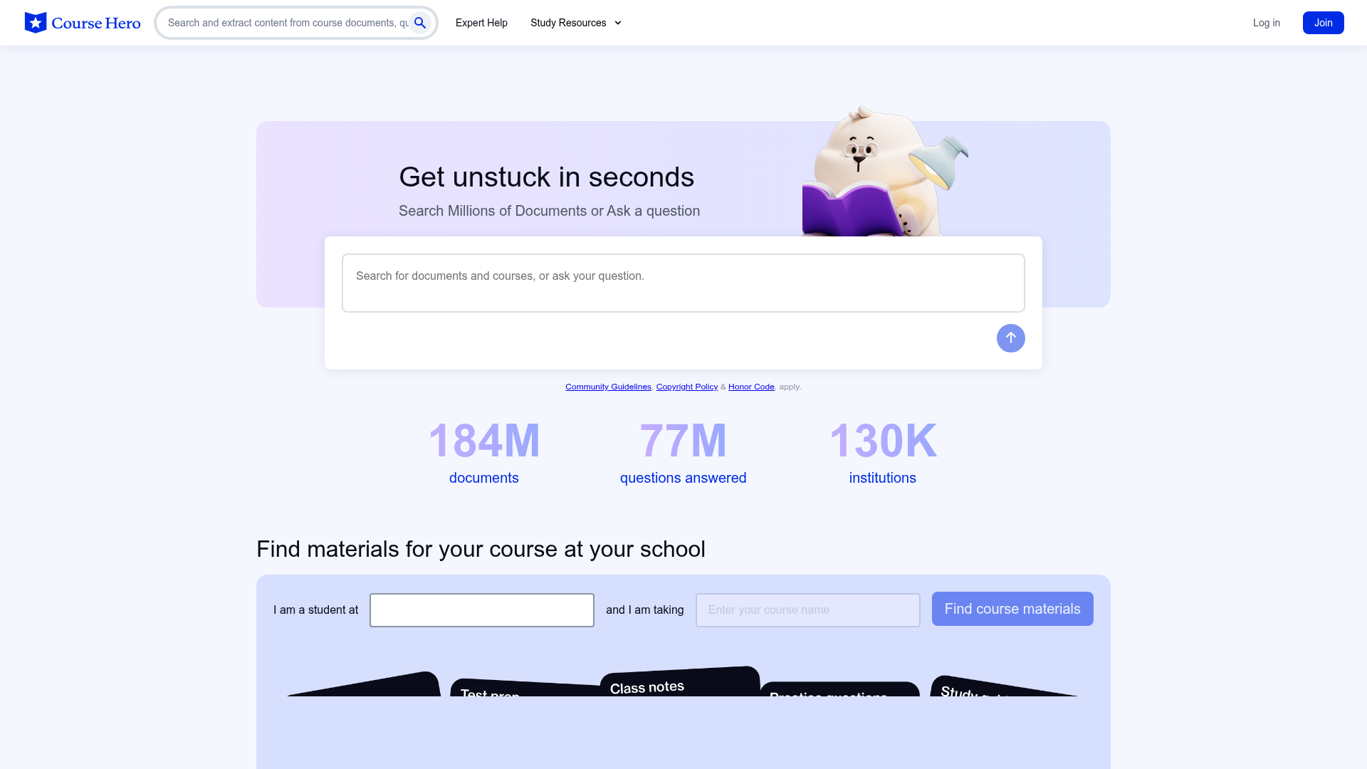 Screenshot of the Course Hero homepage