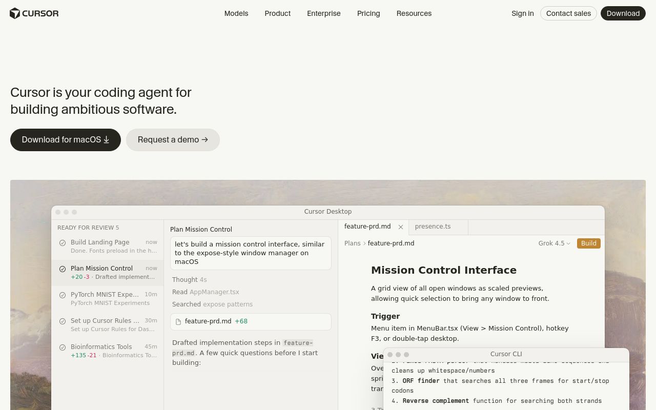 Screenshot of the Cursor homepage