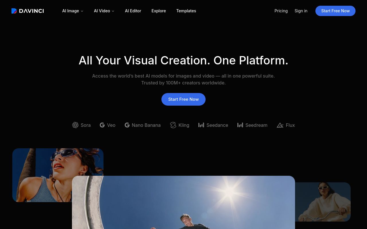 Screenshot of the DaVinci homepage