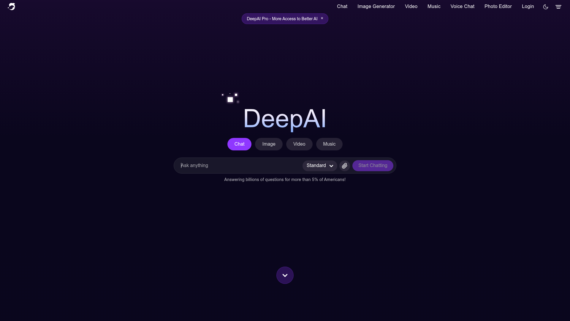 Screenshot of the DeepAI homepage
