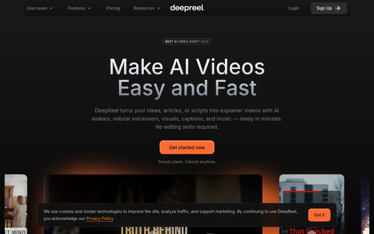 Screenshot of the DeepReel homepage