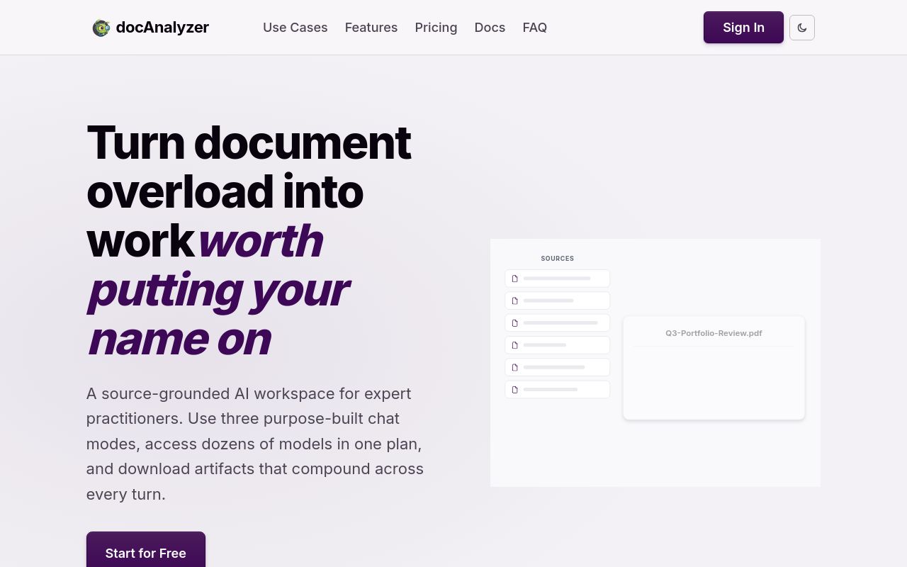 Screenshot of the docAnalyzer homepage