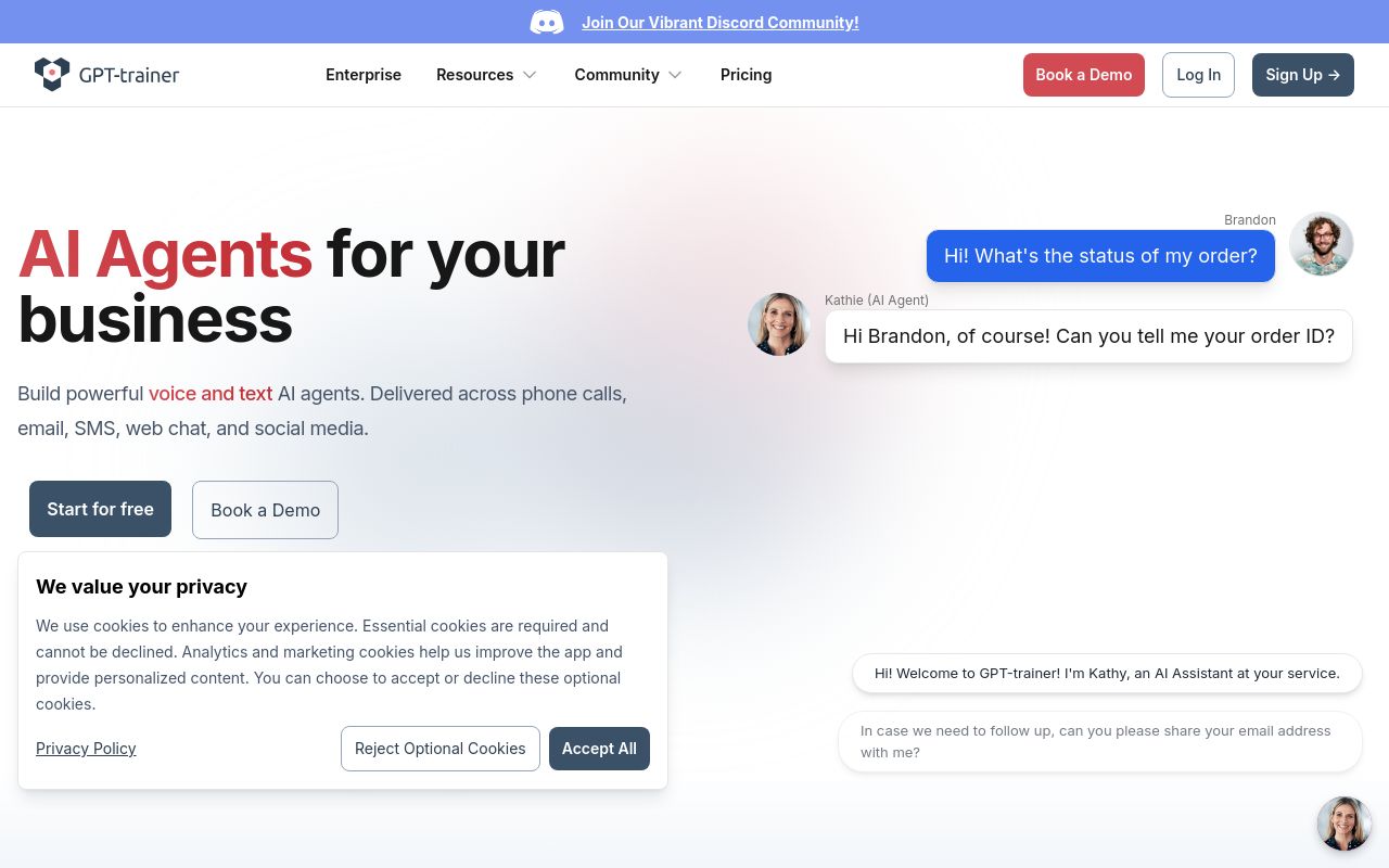 Screenshot of the GPT-trainer homepage