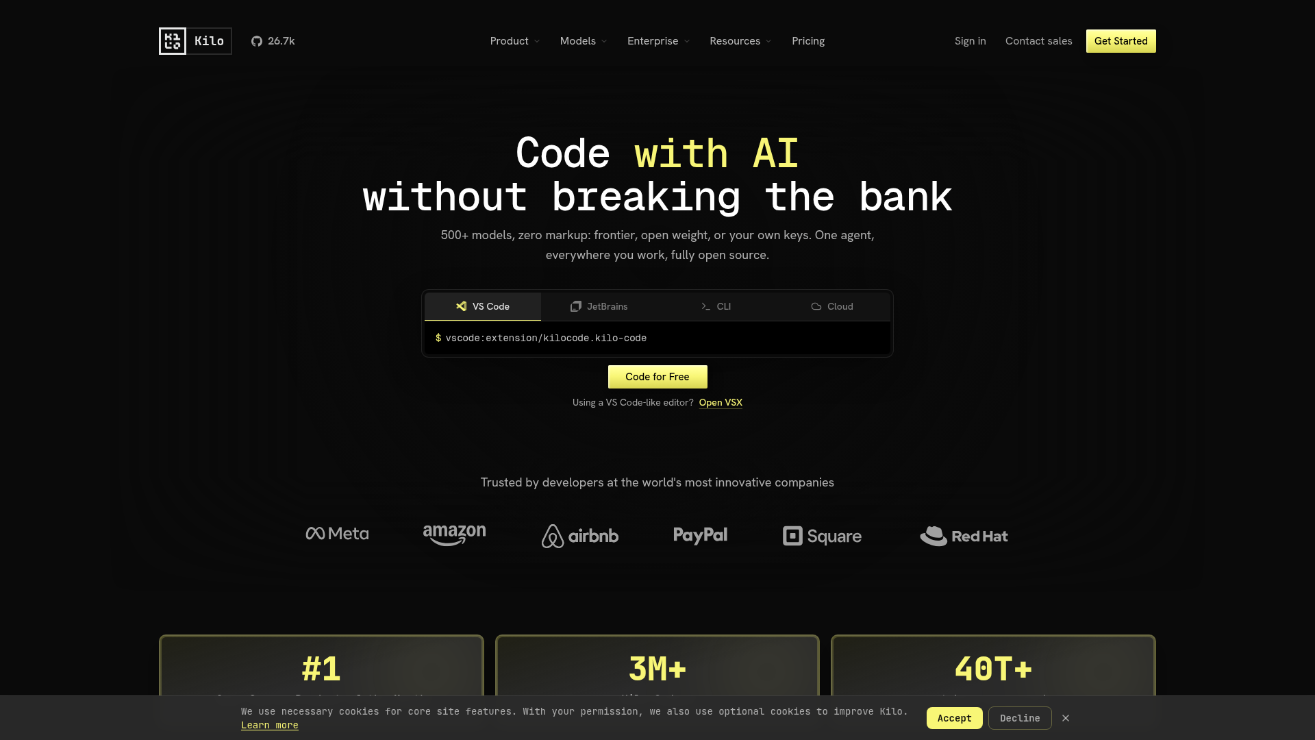Screenshot of the Kilo Code homepage