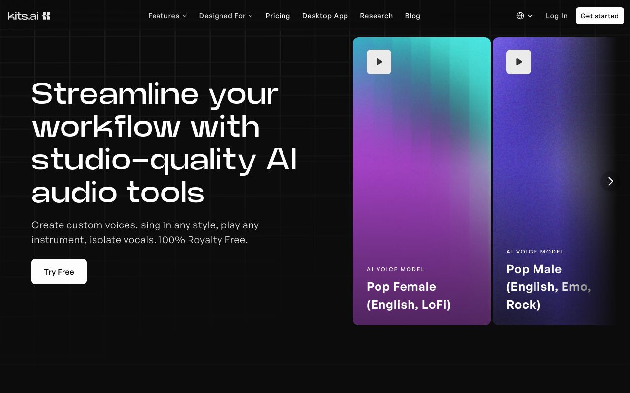 Screenshot of the Kits.ai homepage