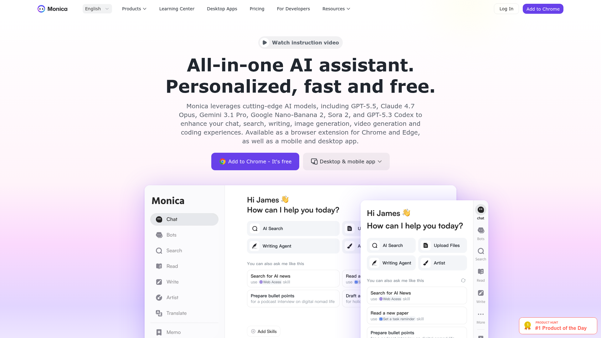 Screenshot of the Monica homepage