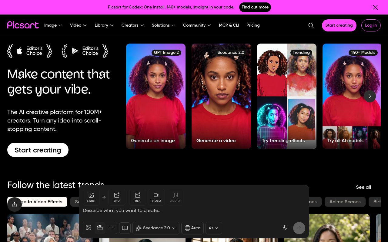 Screenshot of the Picsart homepage