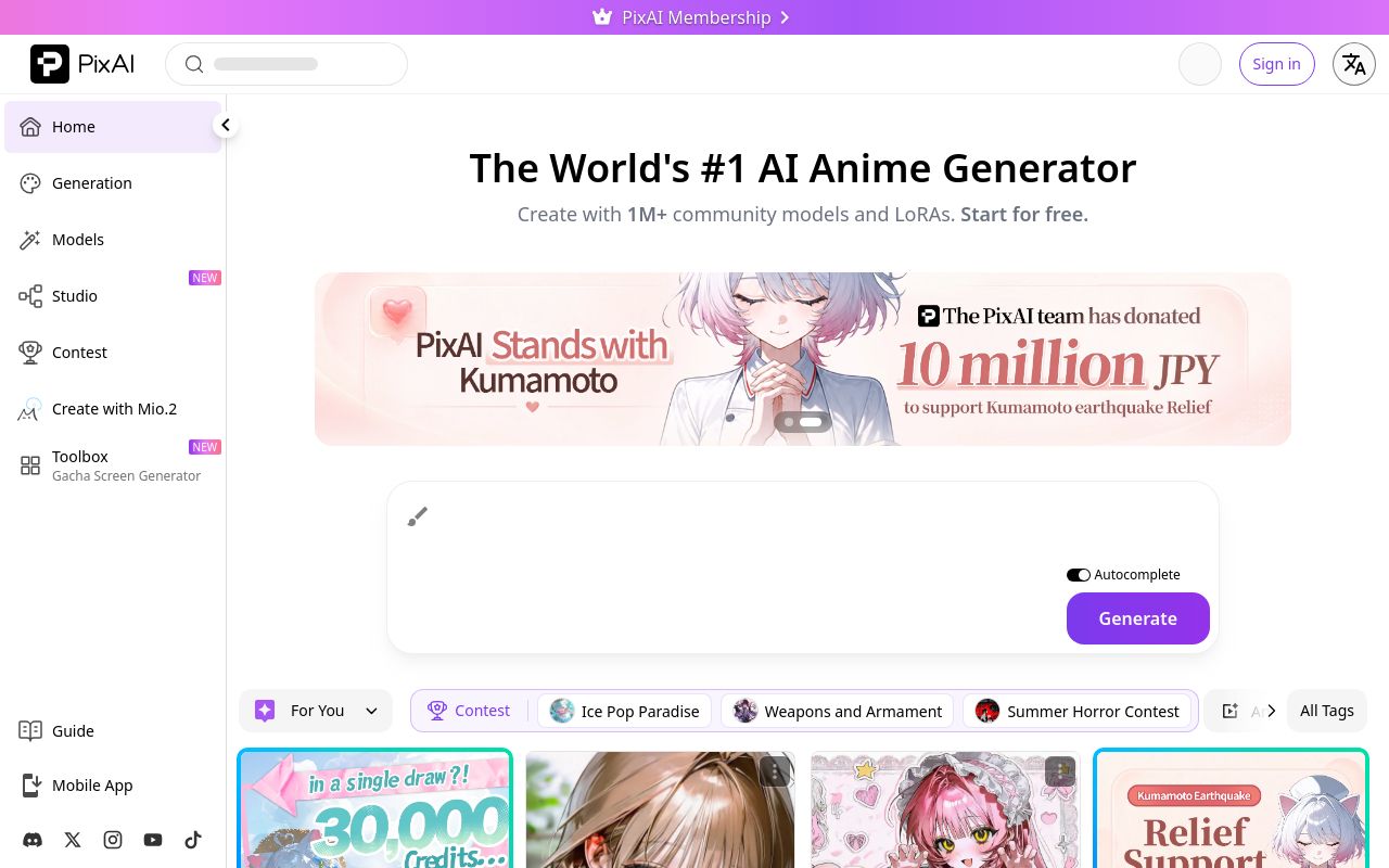 Screenshot of the PixAI homepage