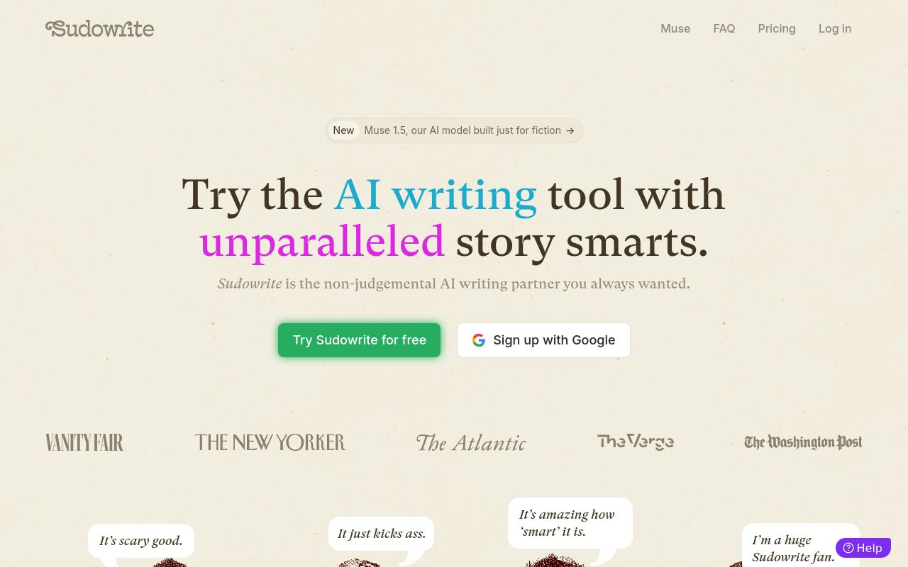 Screenshot of the Sudowrite homepage