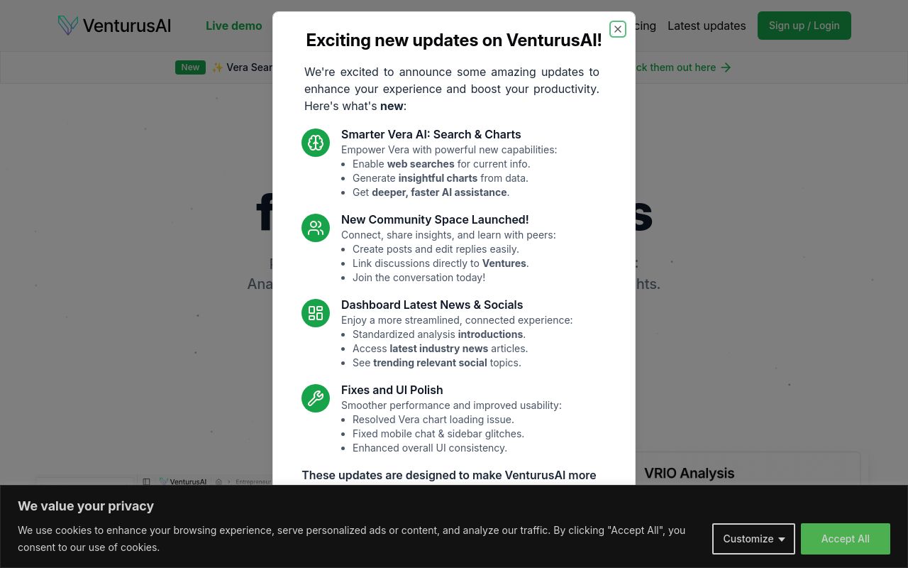 Screenshot of the VenturusAI homepage