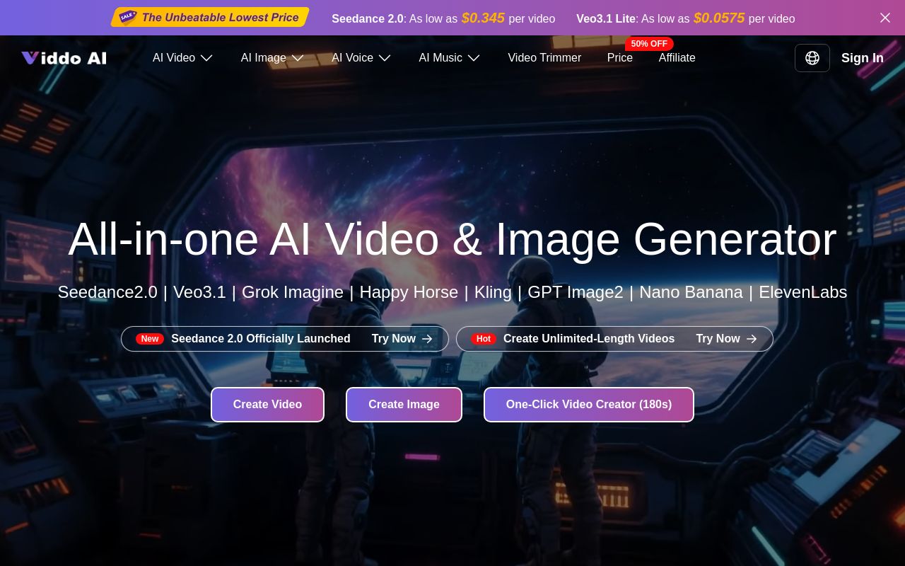 Screenshot of the Viddo AI homepage