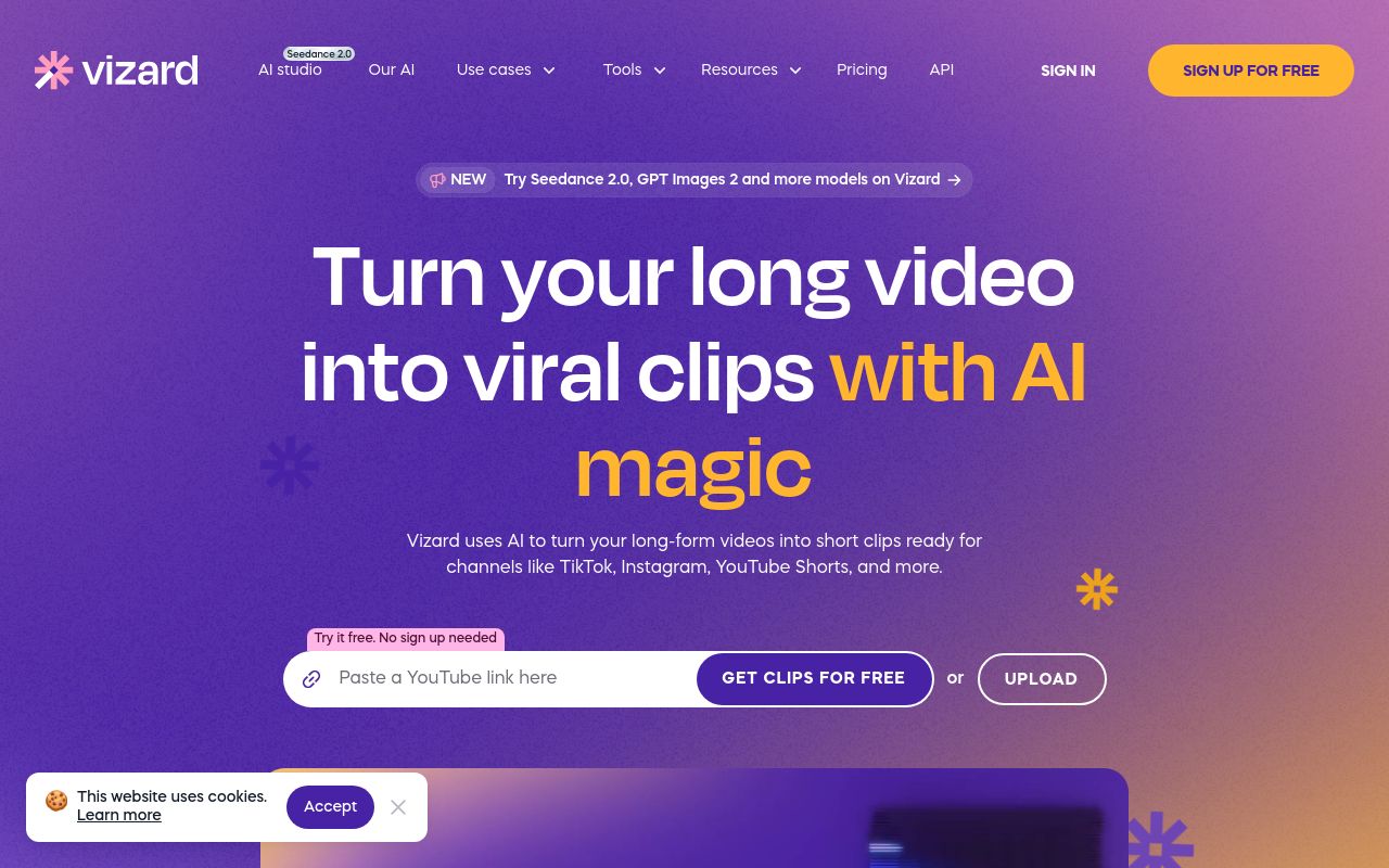 Screenshot of the Vizard homepage
