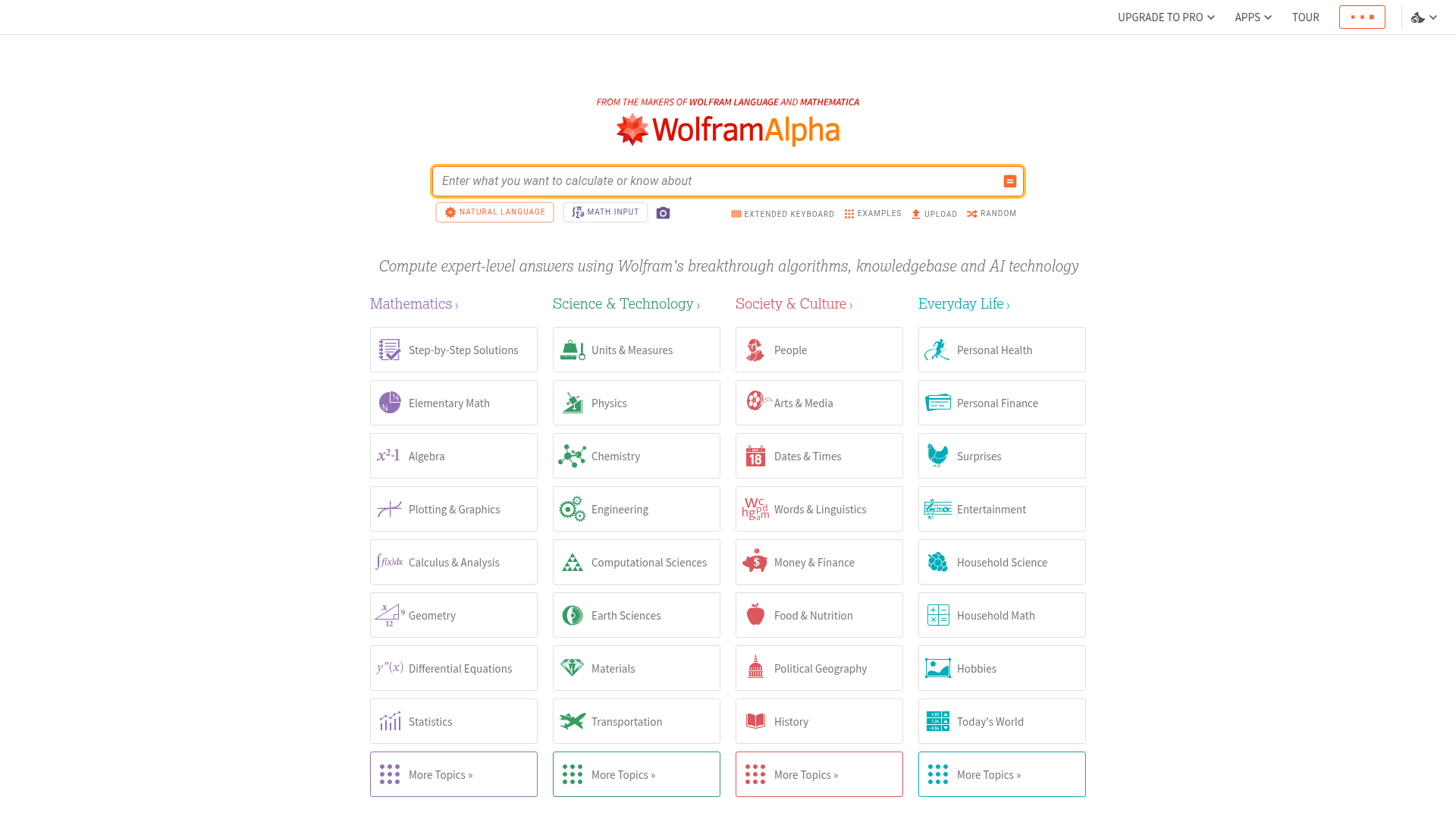Screenshot of the Wolfram|Alpha homepage