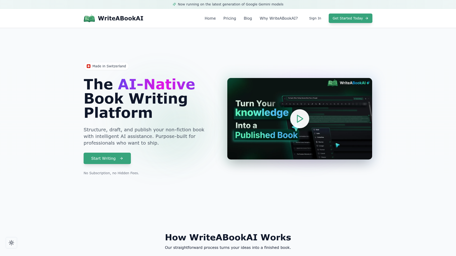 Screenshot of the WriteABookAI homepage