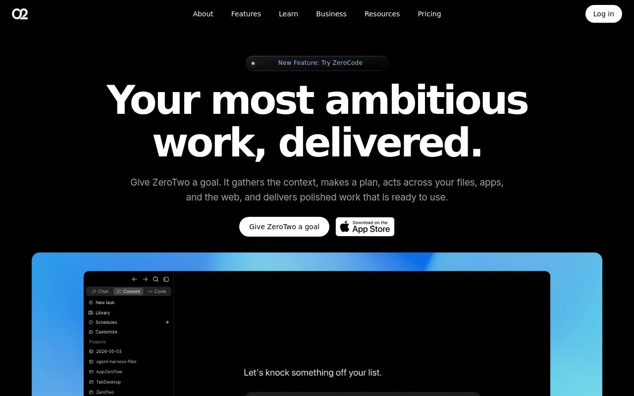 Screenshot of the ZeroTwo homepage